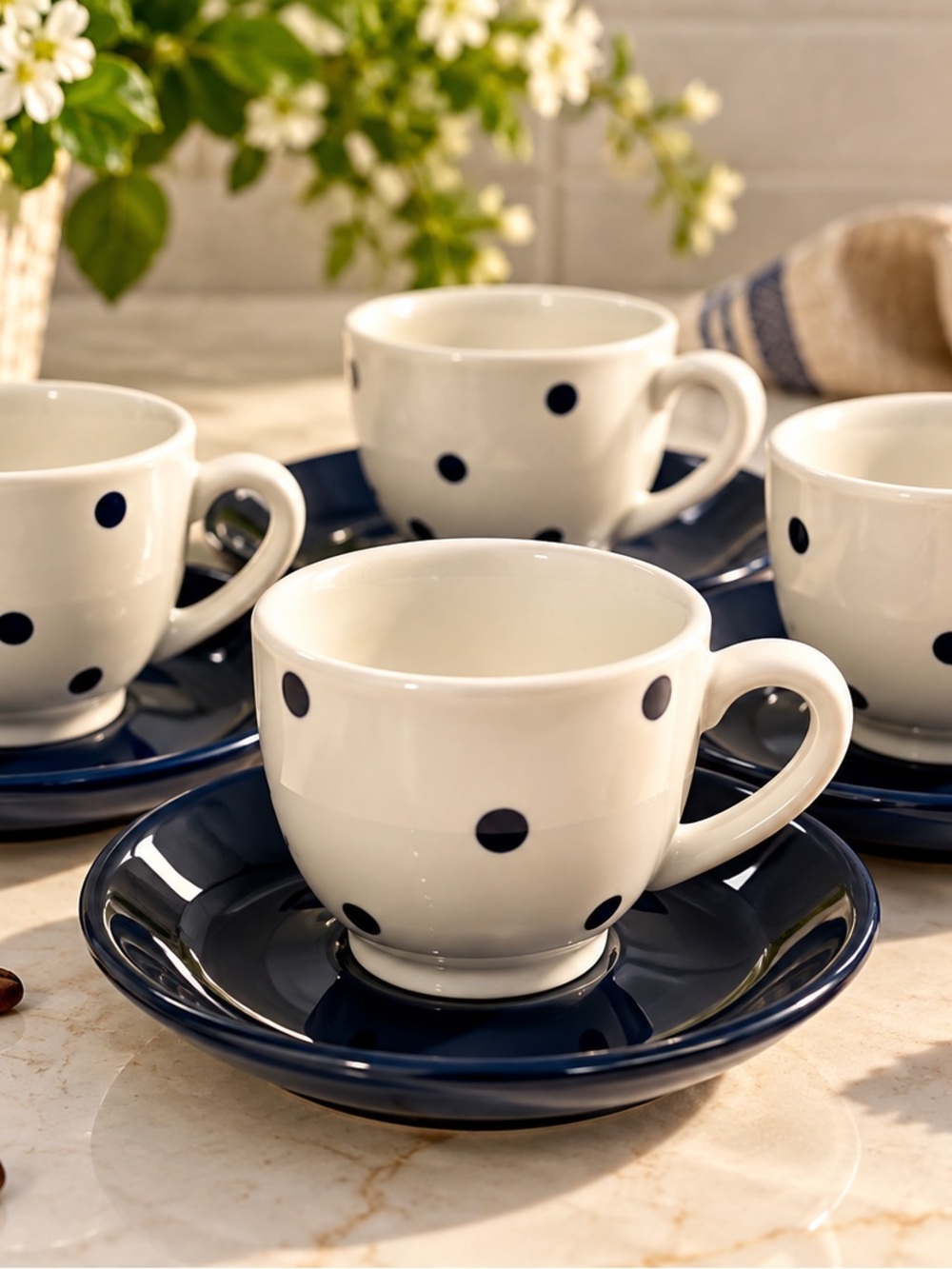 Vintage Waechtersbach Germany Navy Blue Polka Dot Espresso Cups Saucers Set 4